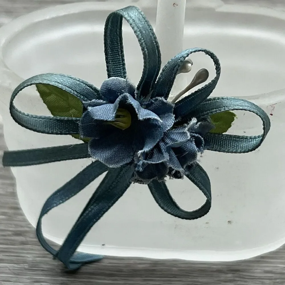 Miniature Frosted Glass Market Basket With Blue Ribbon & Flowers 3.5”